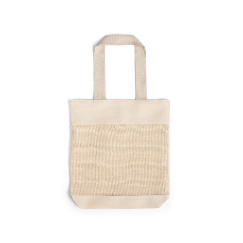 MUMBAI. Síťovaná taška ze 100% bavlny (180 g/m²) - Typ potisku a počet barev: Transfer, 2 barvy, Umístění a max. velikost potisku: Zadní část, 200 x 280, Počet kusů: 600