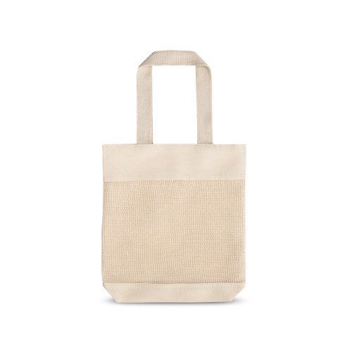 MUMBAI. Síťovaná taška ze 100% bavlny (180 g/m²) - Typ potisku a počet barev: Transfer, 1 barva, Umístění a max. velikost potisku: Přední horní část, 200 x 50, Počet kusů: 1000